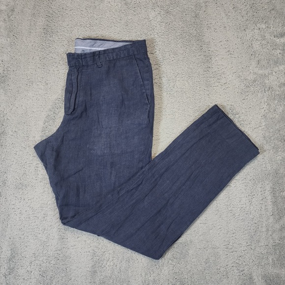 J Crew Bowery Pants Mens 34x32 Navy Blue Irish 100% Linen Baird McNutt Slim Fit - Picture 1 of 12